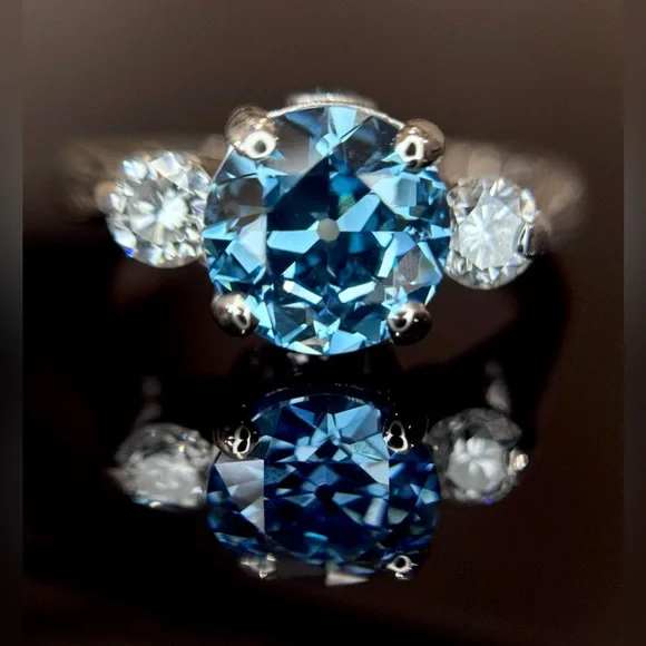2.55 ctw Old European Cut Blue Lab and Natural Diamond Wedding Set - Picture 9 of 17